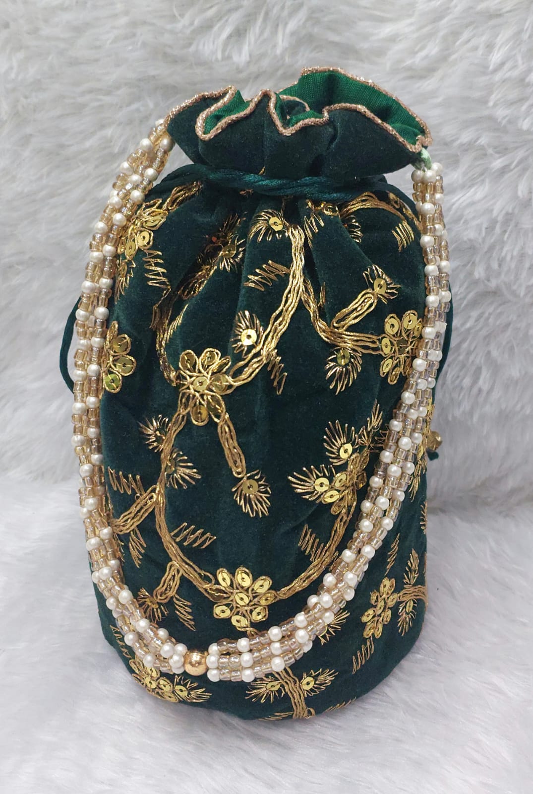 Elegant Dark Green Velvet Potli Bag with Golden Embroidery & Pearl Handle