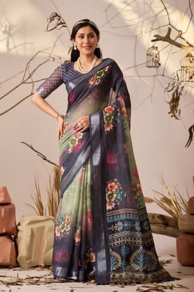 Elegant Floral Printed Linen Blend Saree with Zari Border Elegant Floral Printed Linen Blend Saree with Zari Border