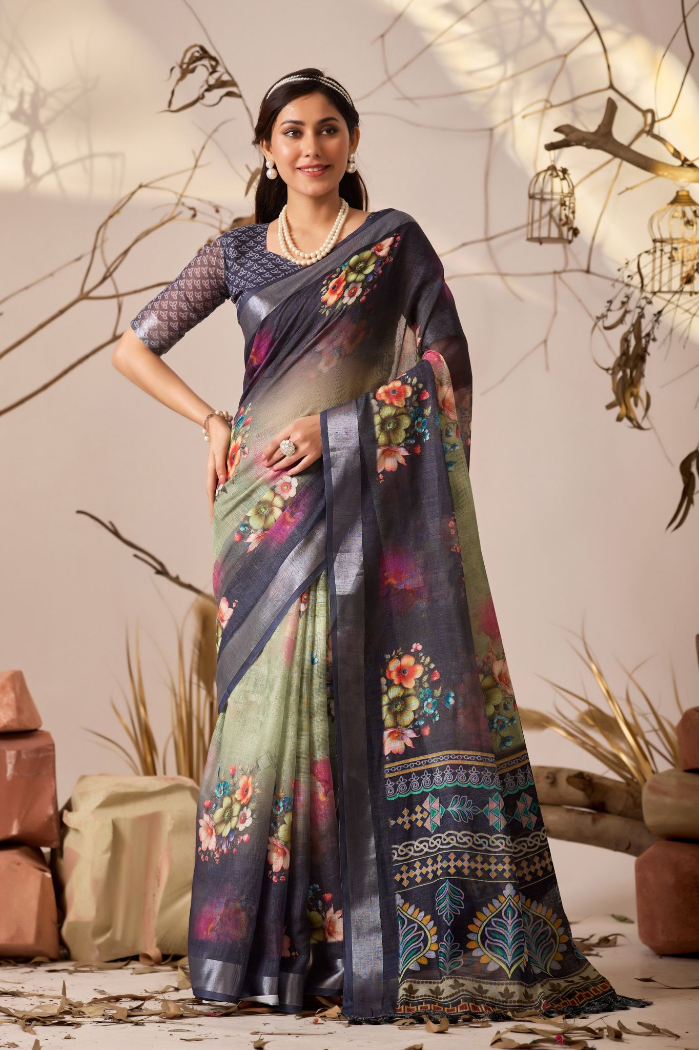 Elegant Floral Printed Linen Blend Saree with Zari Border