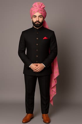 Men's Black Bandhgala Suit with Embroidered Pink Turban Men's Black Bandhgala Suit with Embroidered Pink Turban