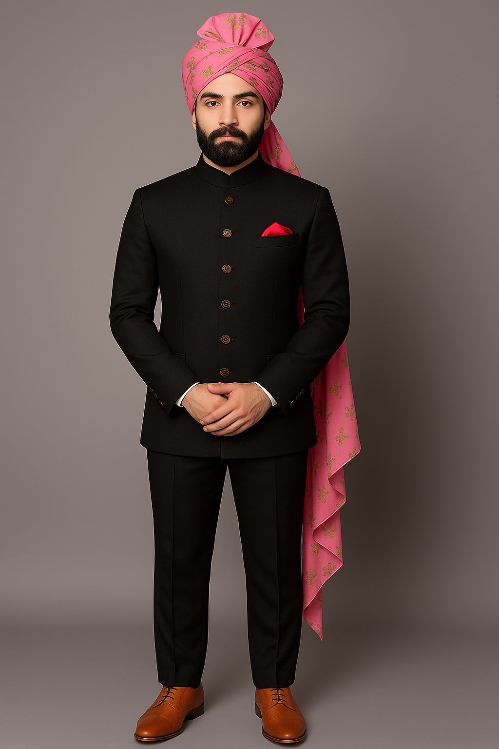 Men's Black Bandhgala Suit with Embroidered Pink Turban