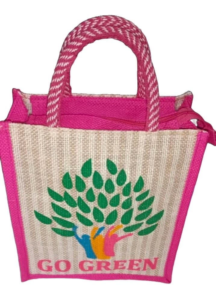 Eco-Friendly Jute Go Green Tote Bag with Hot Pink Trim & Zipper Closure