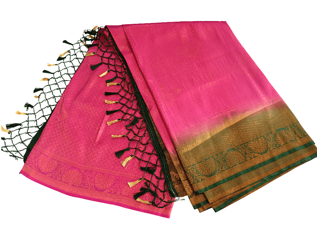 Vibrant Pink Fancy Silk Imitation Pattu Saree with Golden Zari Border & Tassels