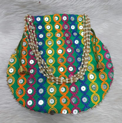 Green Embroidered Sequin Potli Bag with Pearl Handle