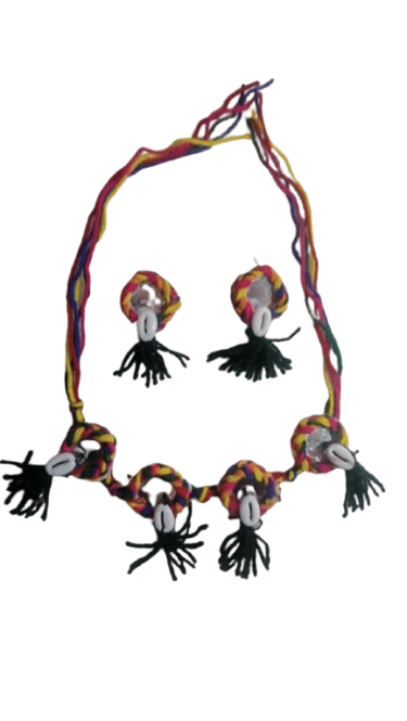 Handcrafted Multicolored Thread & Cowrie Shell Necklace with Matching Earrings Set