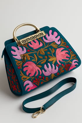 Elegant Teal Embroidered Floral Satchel Handbag with Gold Handle and Strap Elegant Teal Embroidered Floral Satchel Handbag with Gold Handle and Strap