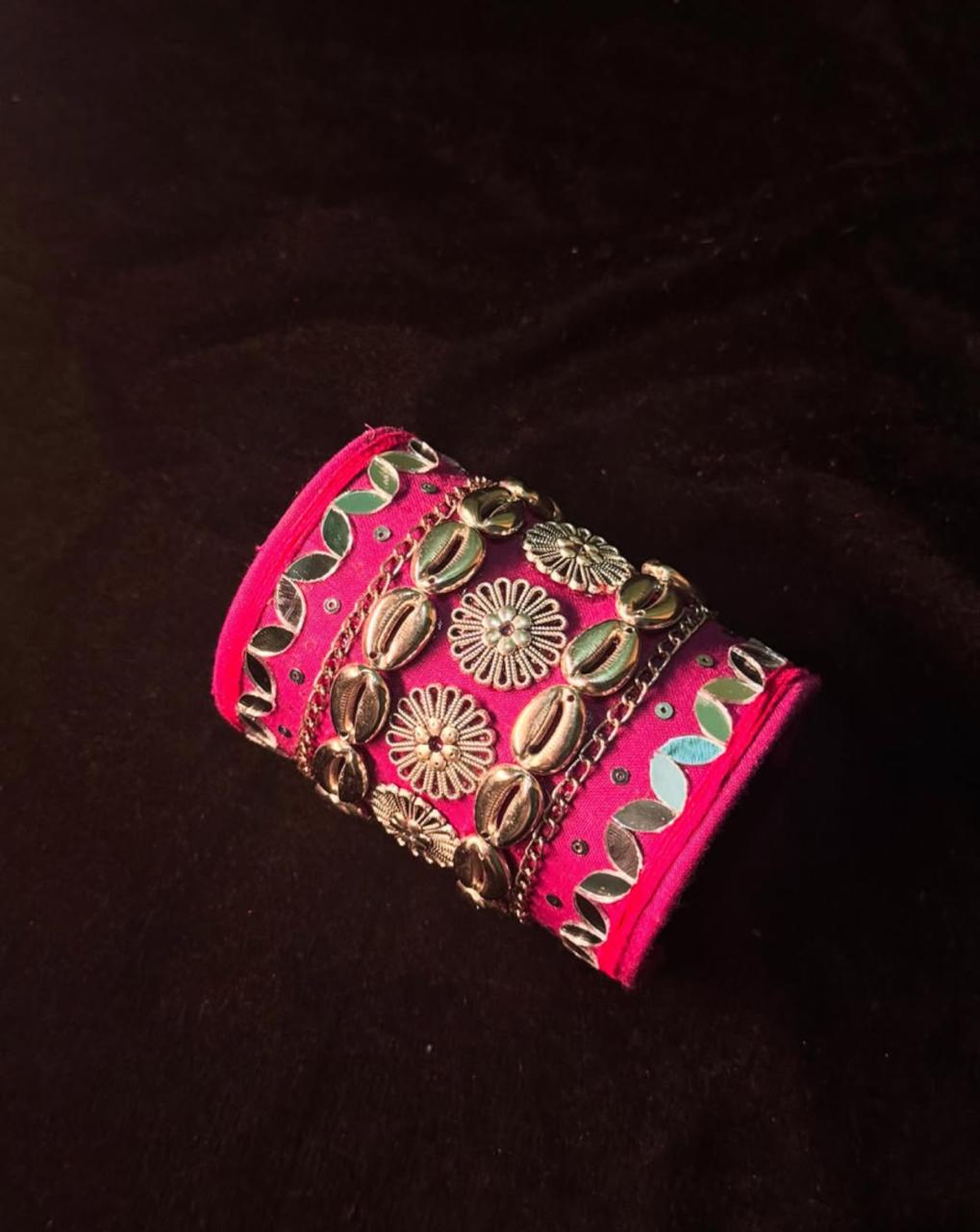 Fuchsia Ethnic Cowrie Shell & Mirror Work Cuff Bracelet