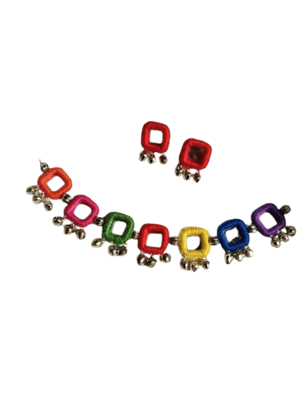 Handcrafted Multicolor Thread Ghungroo Choker Necklace with Matching Earrings Set