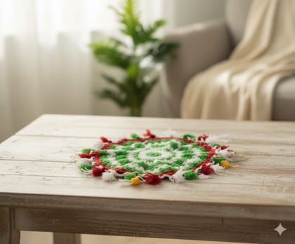 Handmade Crocheted Festive Green Red White Coaster with Tassels Handmade Crocheted Festive Green Red White Coaster with Tassels