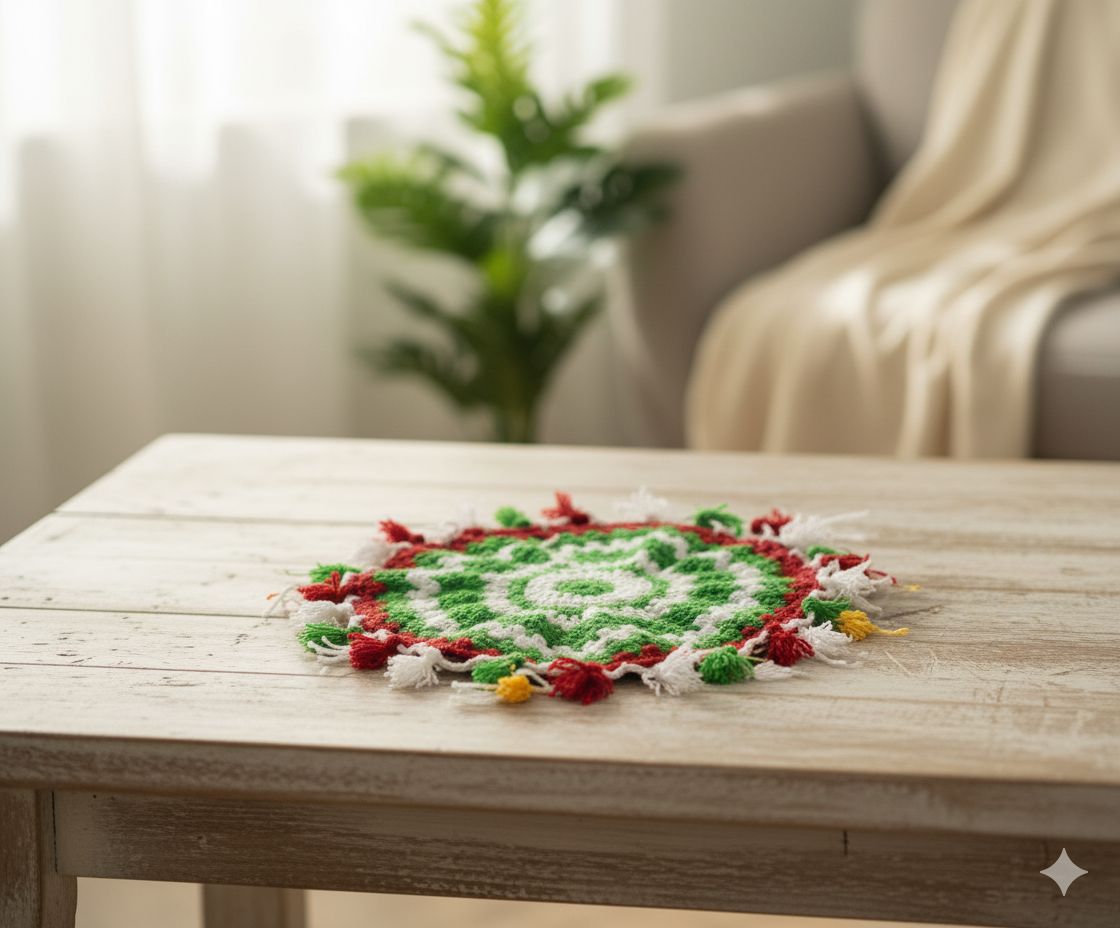 Handmade Crocheted Festive Green Red White Coaster with Tassels