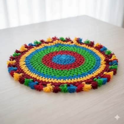 Handmade Crocheted Festive Green Red White Coaster with Tassels Handmade Crocheted Festive Green Red White Coaster with Tassels