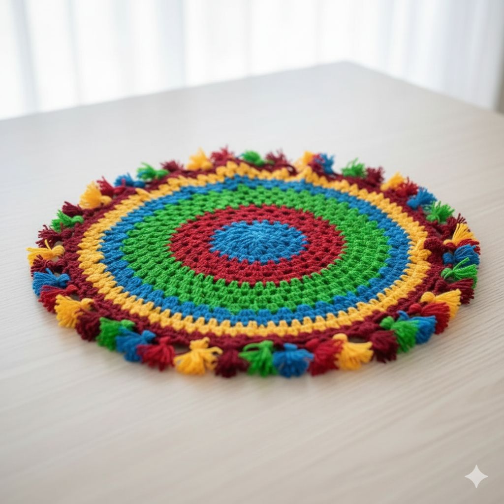 Handmade Crocheted Festive Green Red White Coaster with Tassels