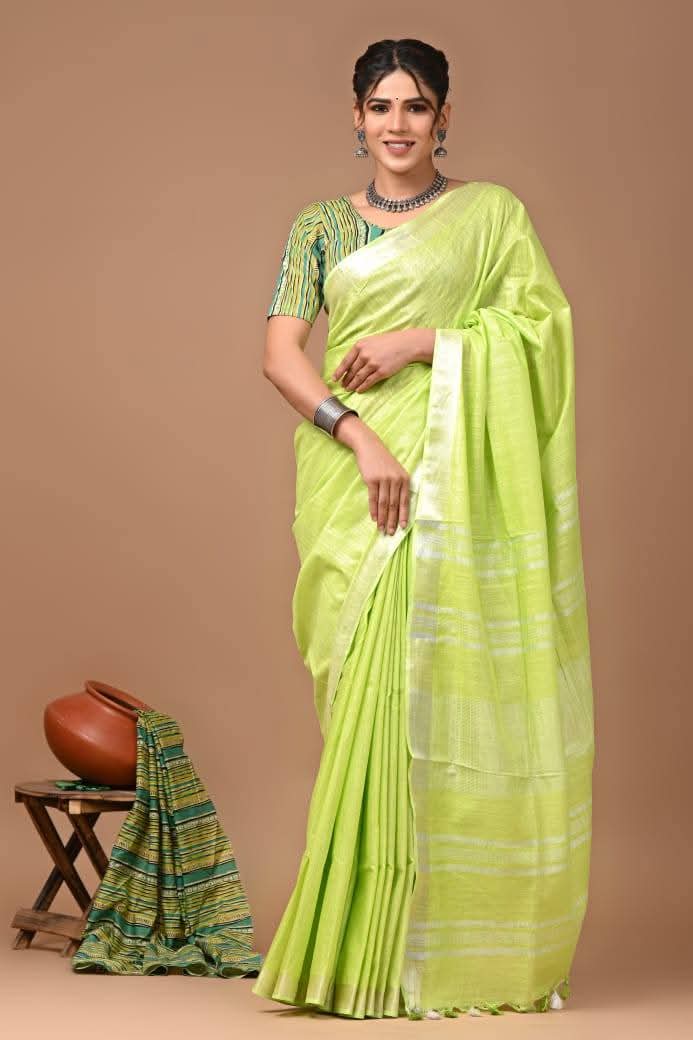 “Elegant Cotton Slub Saree with Silver Zari Border – 6.5m (with Blouse)”