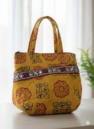 Golden Yellow Ethnic Block Print Cotton Tote Bag with Mirror Embellishments Golden Yellow Ethnic Block Print Cotton Tote Bag with Mirror Embellishments