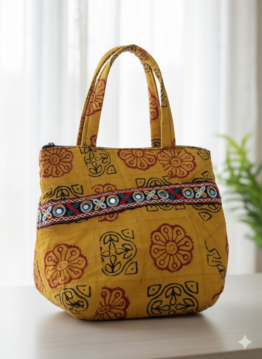 Golden Yellow Ethnic Block Print Cotton Tote Bag with Mirror Embellishments