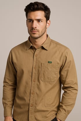 Men's Camel Brown Full Sleeve Casual Cotton Shirt with Pocket Embroidery Men's Camel Brown Full Sleeve Casual Cotton Shirt with Pocket Embroidery