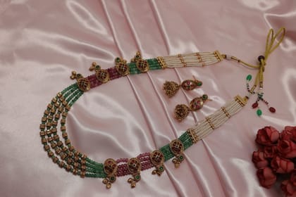 Traditional Gold Plated Pearl & Beaded Choker Necklace Set with Jhumka Earrings