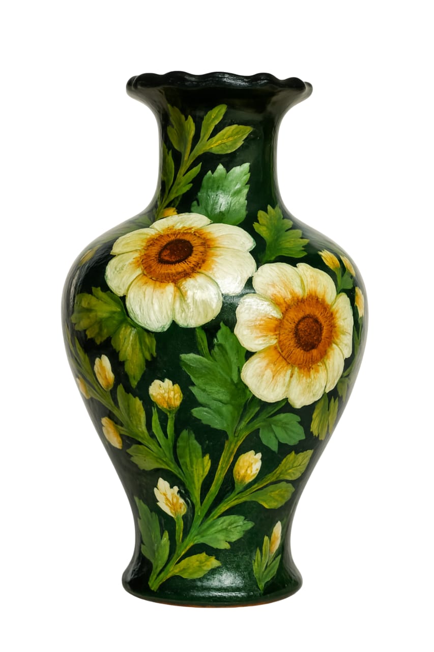 Artisanal Dark Green Floral Hand-Painted Ceramic Vase