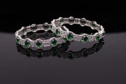Rhodium Plated Green Emerald Cubic Zirconia Stone Bangle Set for Women