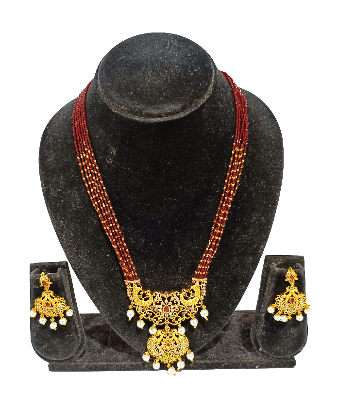 Traditional Gold Plated Maroon Beaded Peacock Necklace Set with Earrings