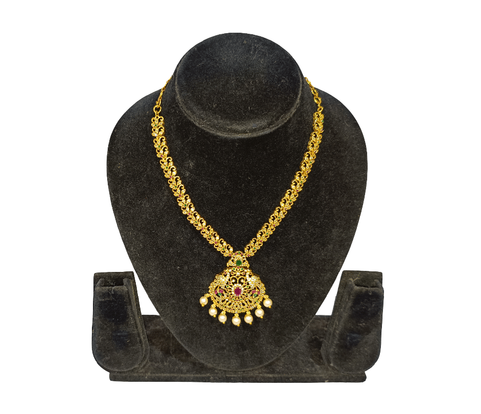 Traditional Gold Plated Ruby & Emerald Stone Necklace with Pearl Drops (Small)