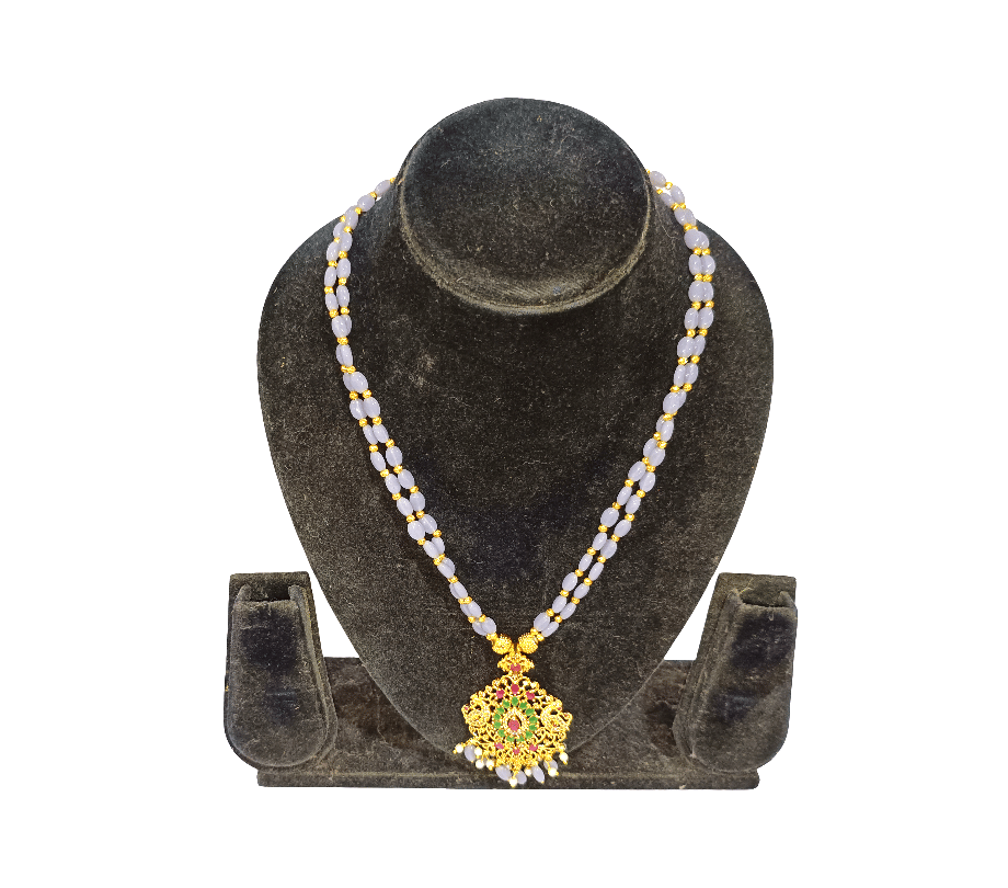 Women's Gold Plated Lavender Beaded Necklace with Temple Style Pendant