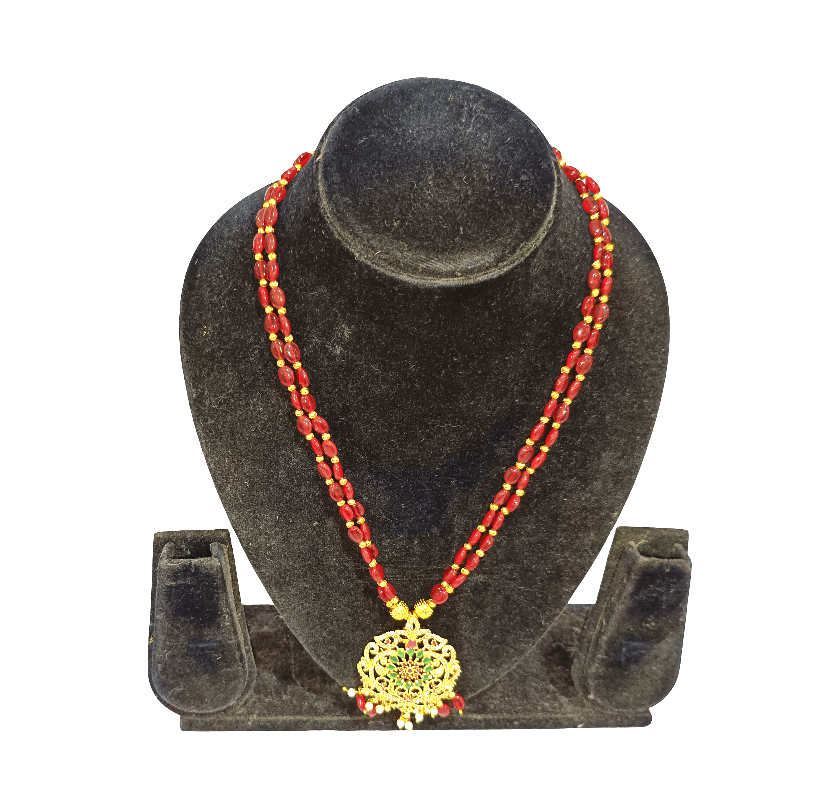 Traditional Gold Plated Red Beaded Long Necklace with Kundan Pendant