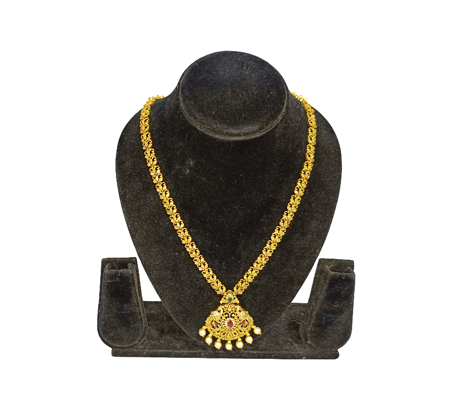Traditional Gold-Plated Necklace with Embellished Pendant and Pearls (Big)