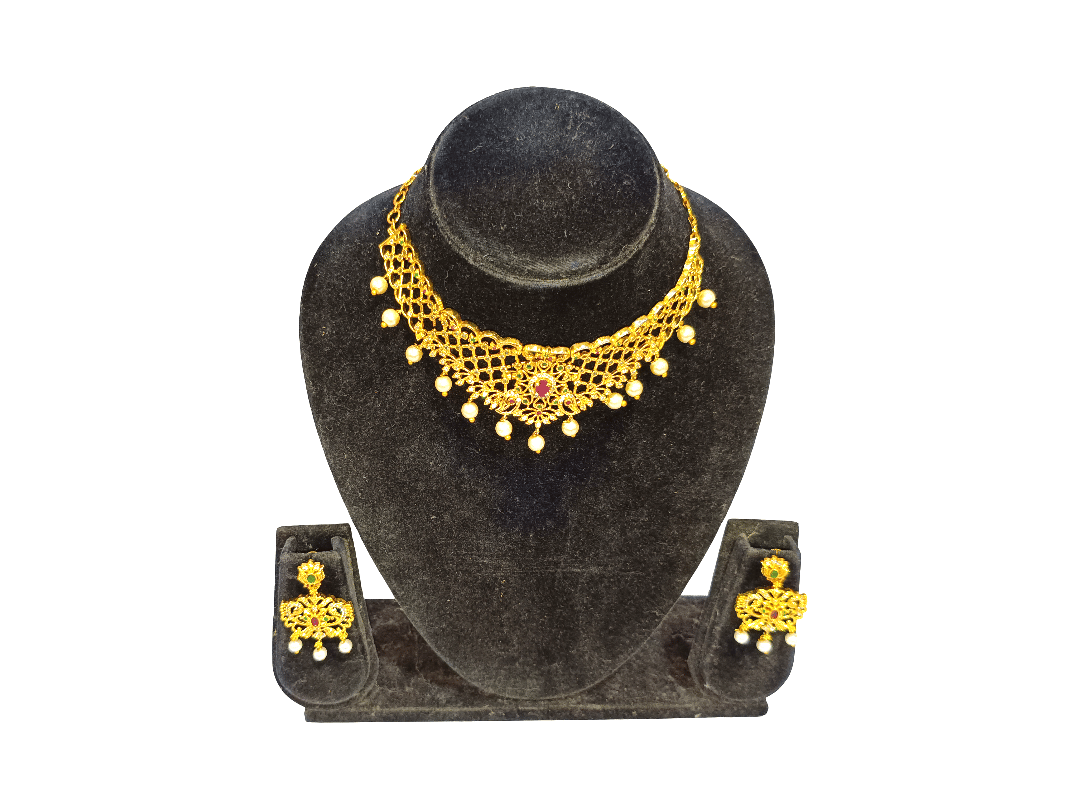 Traditional Gold Plated Choker Necklace & Earring Set with Pearls & Stones