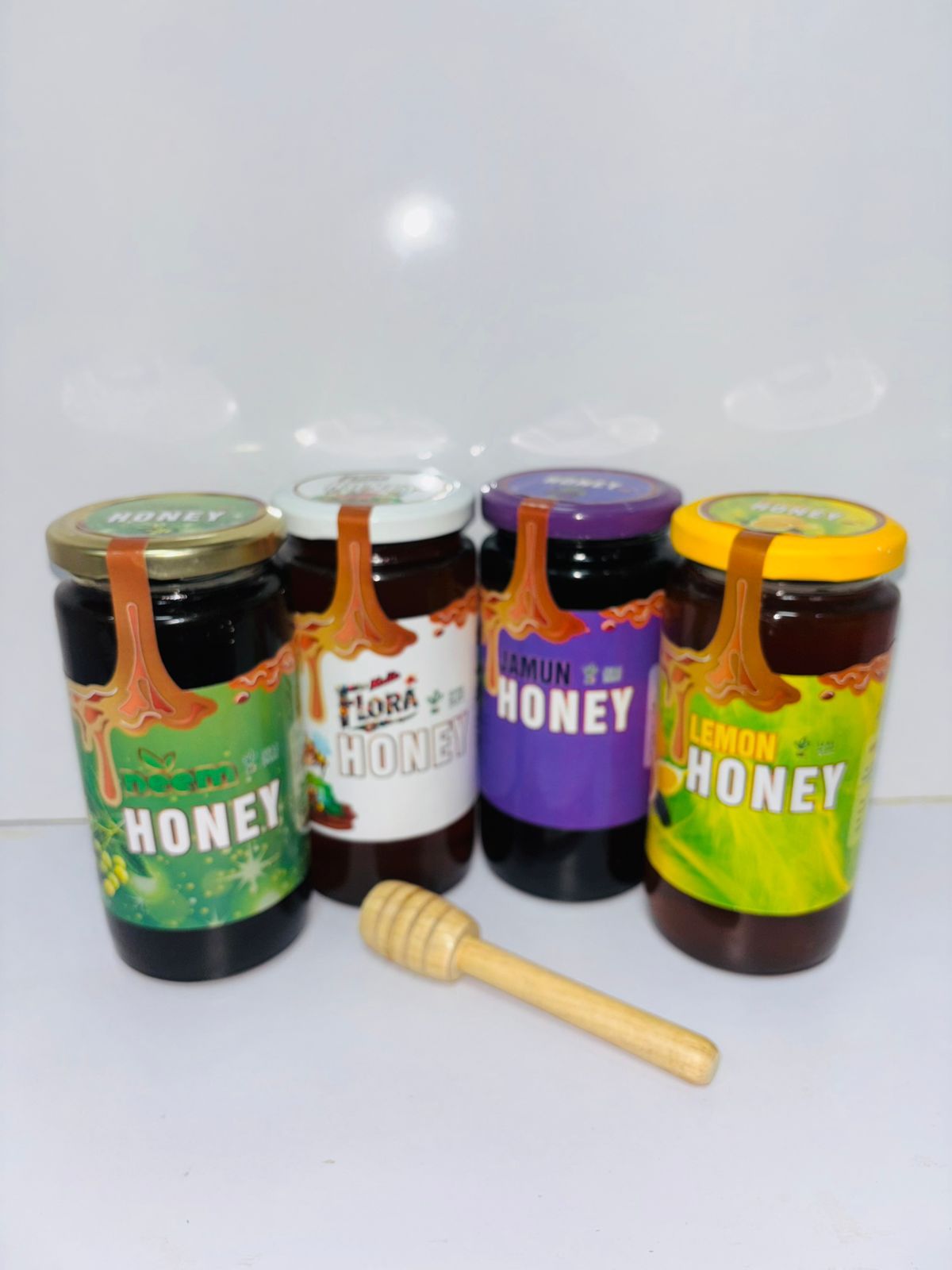 Premium Flavored Honey Collection with Free Dipper spoon  - Neem, Flora, Jamun, Lemon