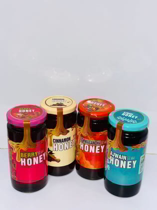 Assorted Natural Flavored Honey Jars - Cinnamon, Ashwagandha, Berry, Ajwain, each 500 gram with free spoon .