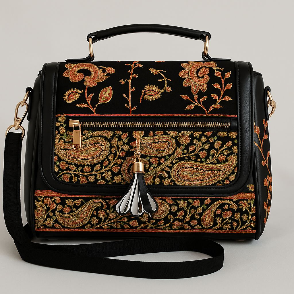 Elegant Black Handbag with Golden Accents & Patterned Sides
