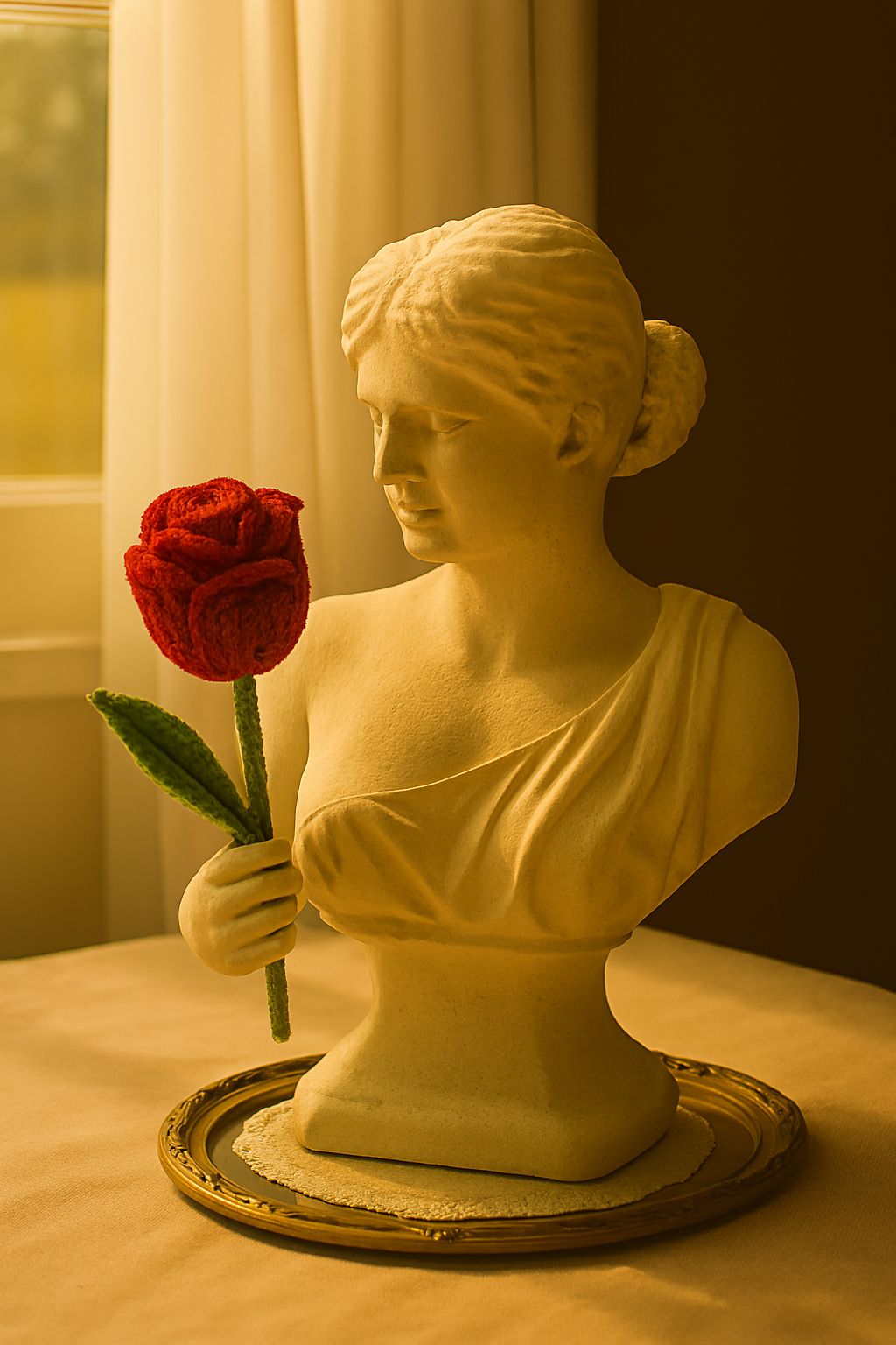 Handmade Crocheted Red Rose with Green Leaves 