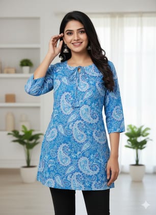 Women's Blue Abstract Print Hip Length Kurta