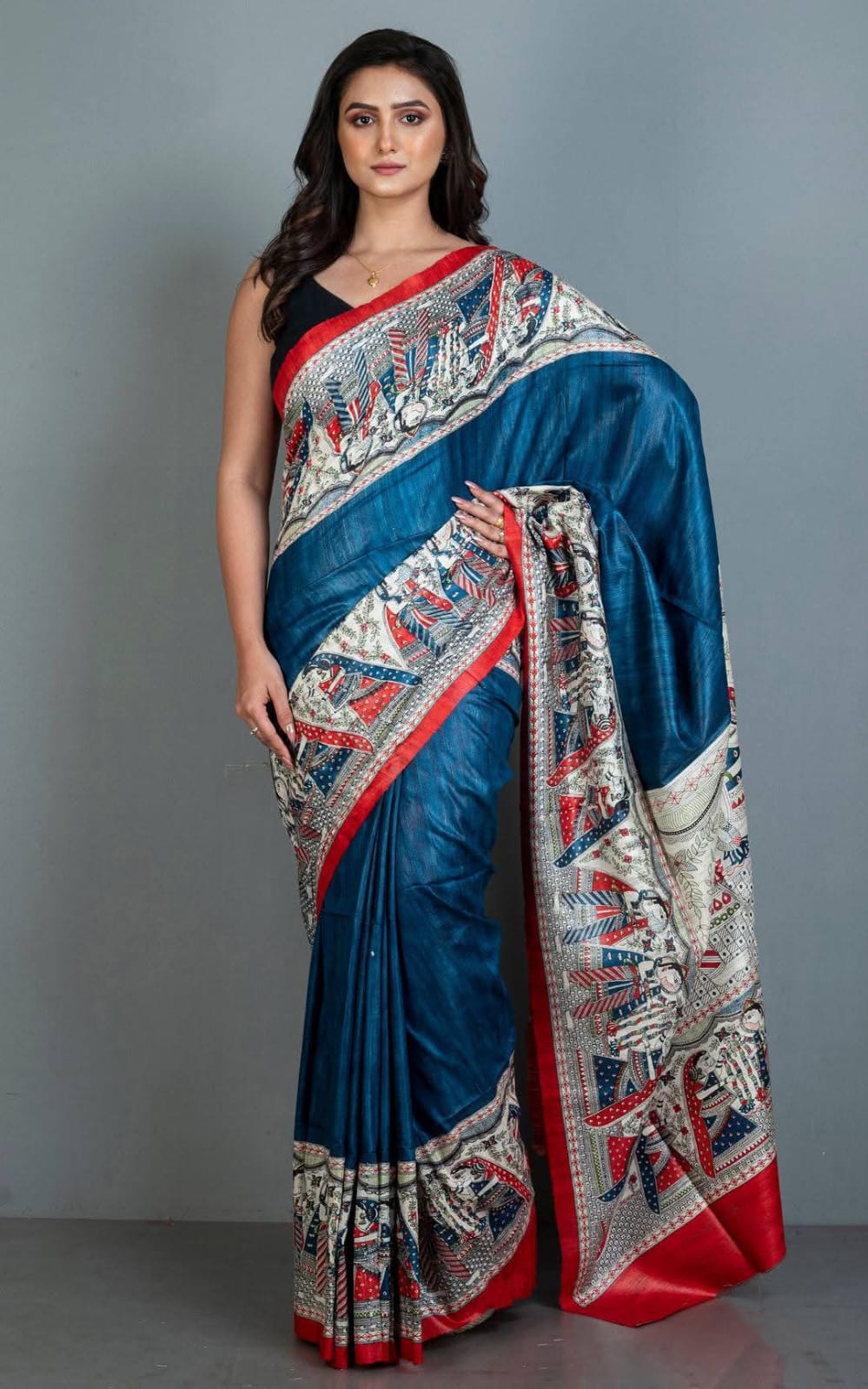 Pure Handloom Tussar Gicha Silk Saree – Madhubani Hand Painted | Silk Mark Certified | 6.5 m with Blouse