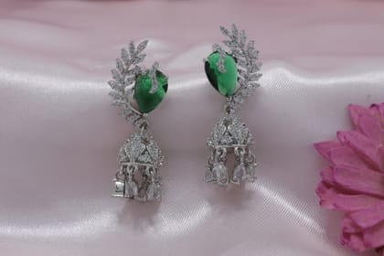 Elegant Silver-Tone Green Gemstone CZ Jhumka Earrings for Women