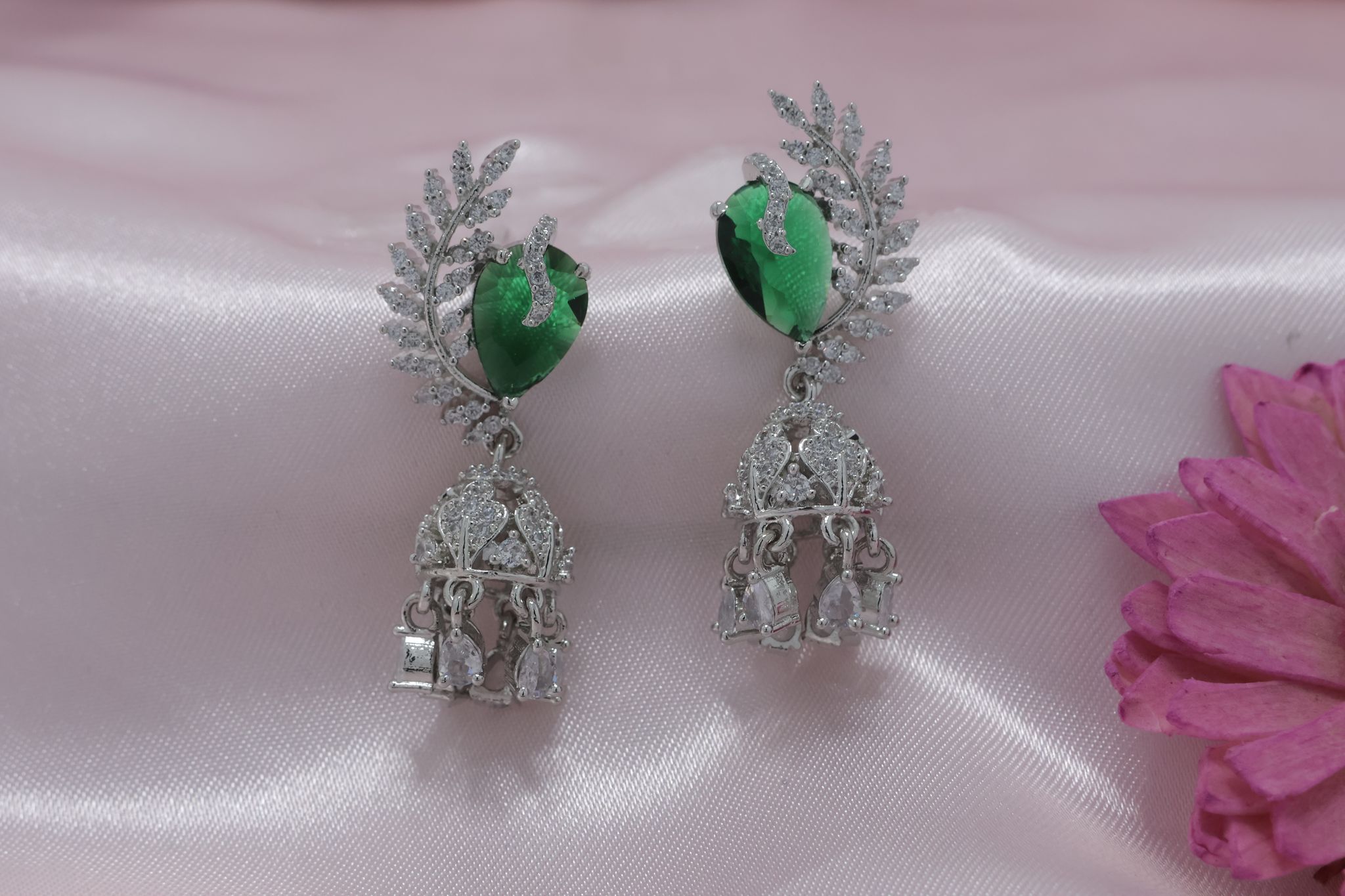 Elegant Silver-Tone Green Gemstone CZ Jhumka Earrings for Women