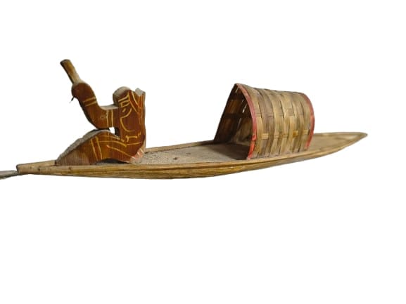 Handcrafted Wooden Decorative Boat with Bamboo Canopy & Figurine