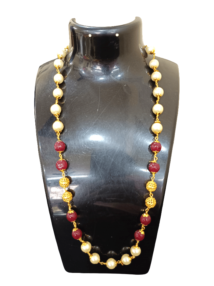 Traditional Gold Tone Pearl & Maroon Beaded Long Necklace