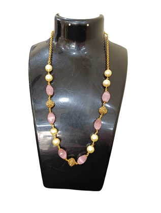 Elegant Gold-Plated Pink Stone & Pearl Beaded Long Necklace for Women