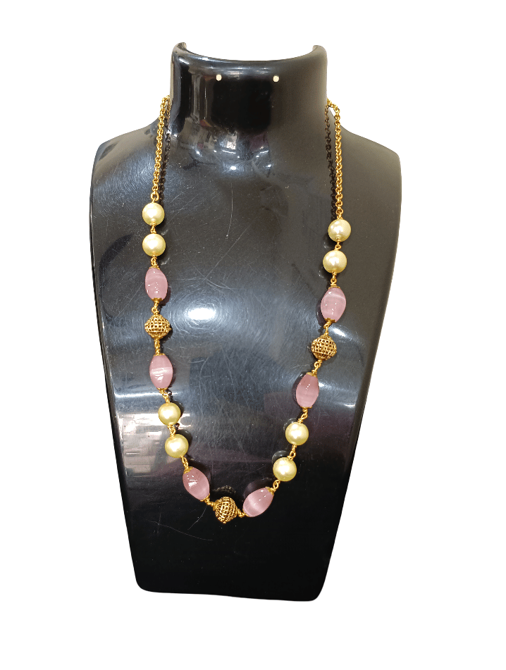 Elegant Gold-Plated Pink Stone & Pearl Beaded Long Necklace for Women
