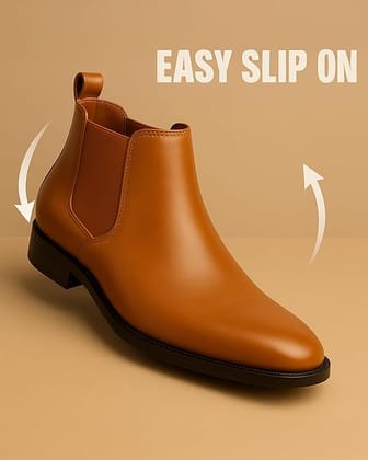 WUGO:: Latest Fabulous Men Solid Faux Leather Tan Chelsea Boots | Stylish Slip-On Casual Boots For Men's & Boys (Free Home Delivery)