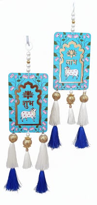 Auspicious Shubh Cow & Lotus Handcrafted Resham Latkan - Light blue