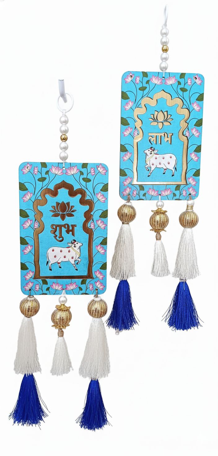 Auspicious Shubh Cow & Lotus Handcrafted Resham Latkan - Light blue