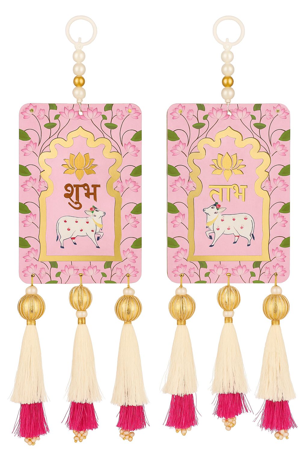 Auspicious Shubh Cow & Lotus Handcrafted Resham Latkan - Light pink