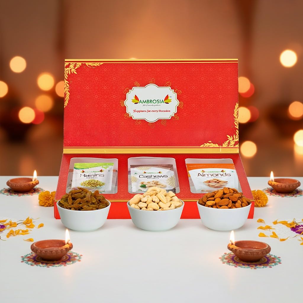 Ambrosia Celebration Diwali Gift Hamper 600g | Dry Fruits Gift Box with Premium Almonds, Cashew & Raisins|Ideal Corporate & Festive Gifting