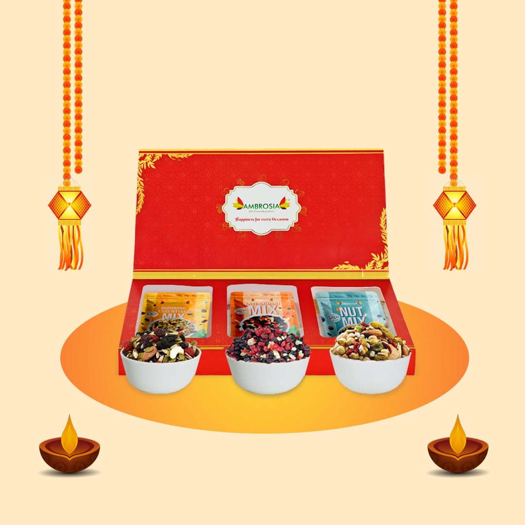 Ambrosia Healthy Trail Mixes Gift Hamper with Rakhi Tikka & Greeting Card (NutMix 250g, Morning Mix 250g, Seed Mix 250 g)