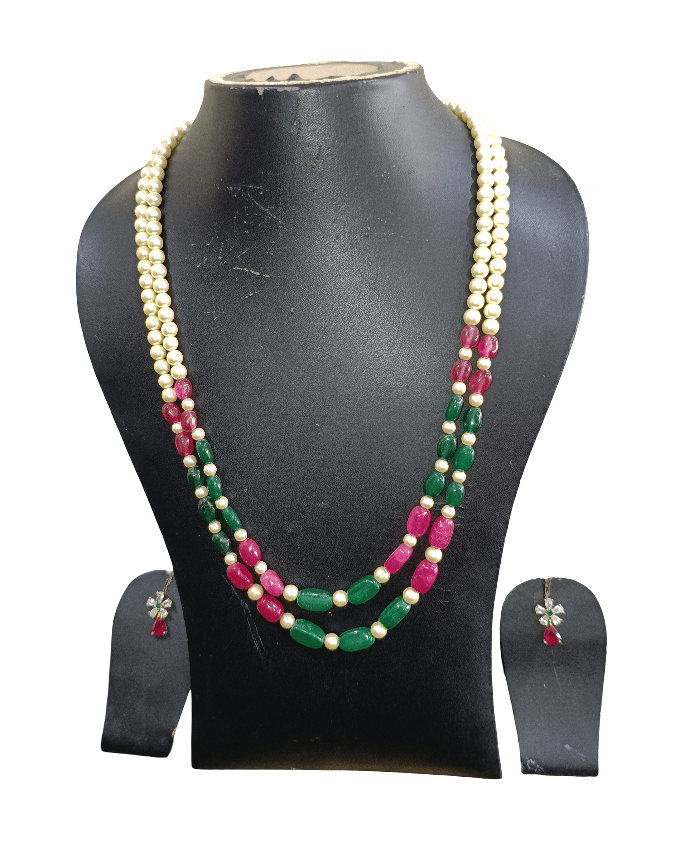 Double Strand Pearl Green Pink Beaded Necklace Set with Earrings