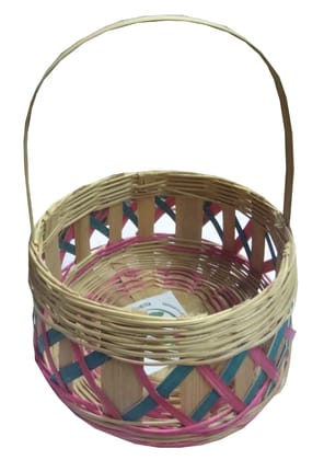 Handwoven Bamboo Storage Basket with Pink Details