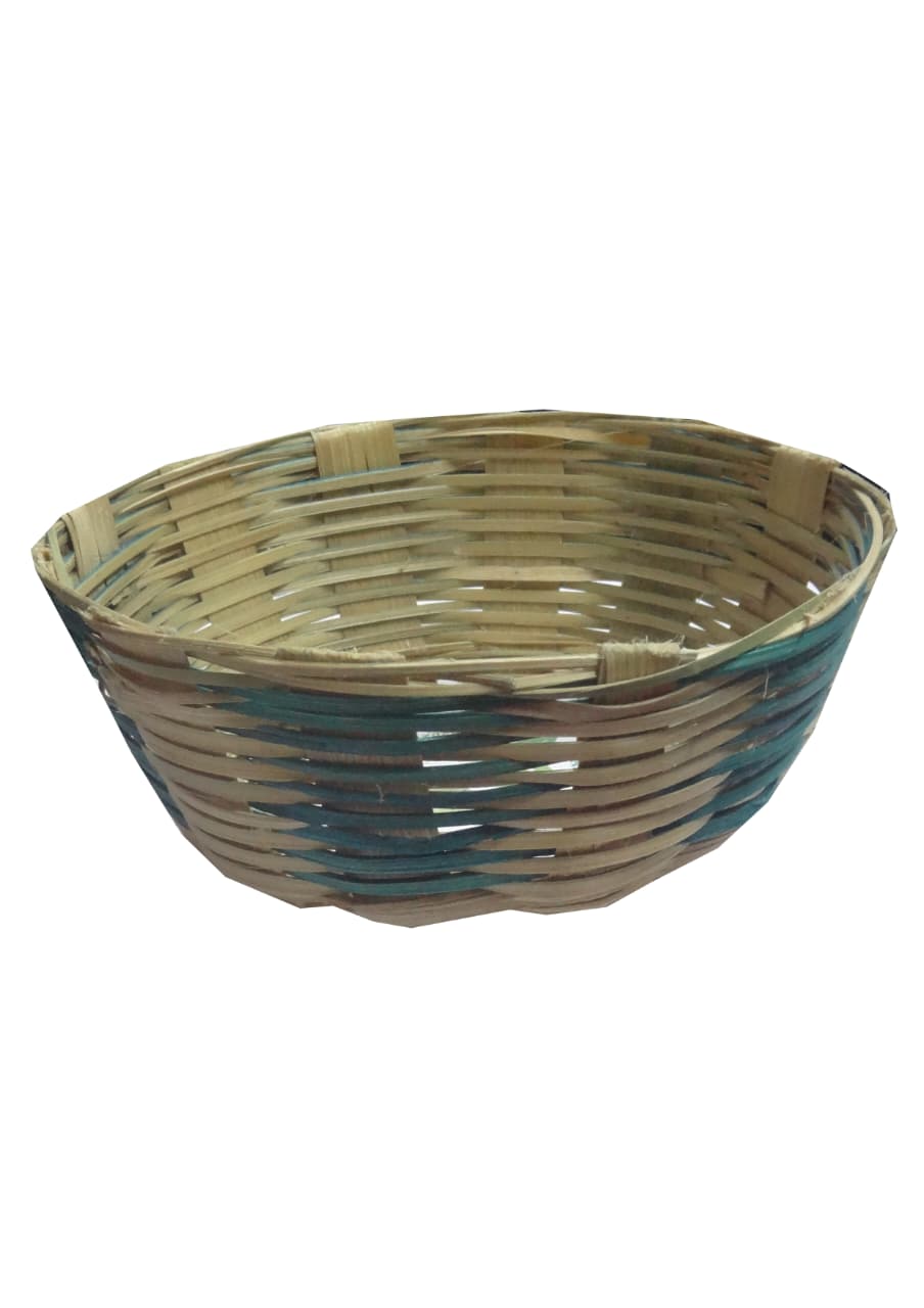 Handmade Woven Bamboo Storage Basket with Teal Accents